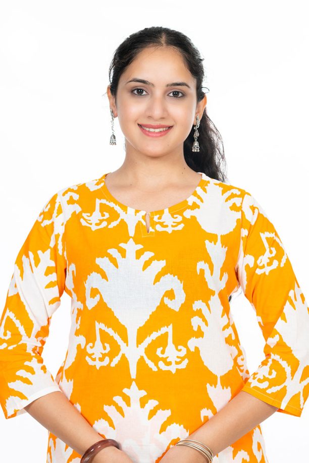 Shusha Kapda Women's Cotton Printed Co-Ord Set | Stylish Kurta & Pant Set | Orange & White Ikat Design - Image 5