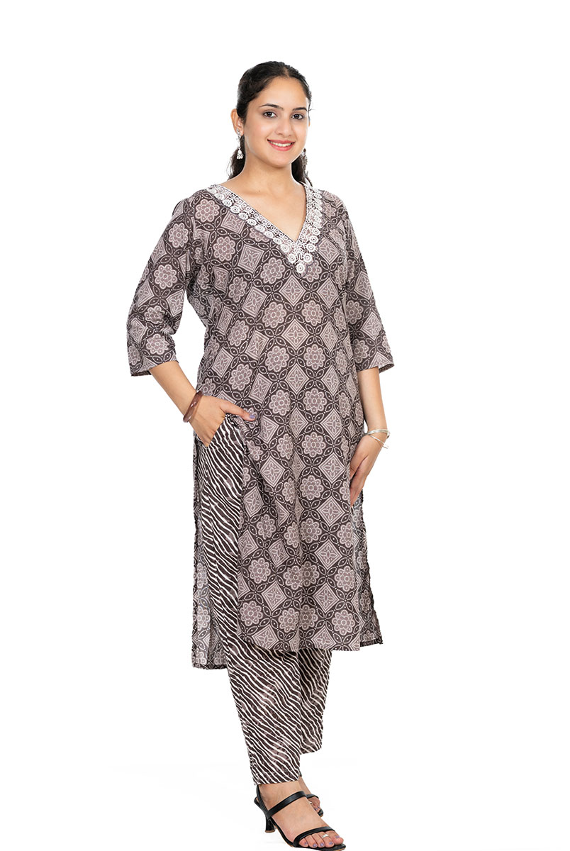 Shusha Kapda Women’s Cotton Printed Kurta Set with Pant and Dupatta - Brown & White, 3 Piece Set