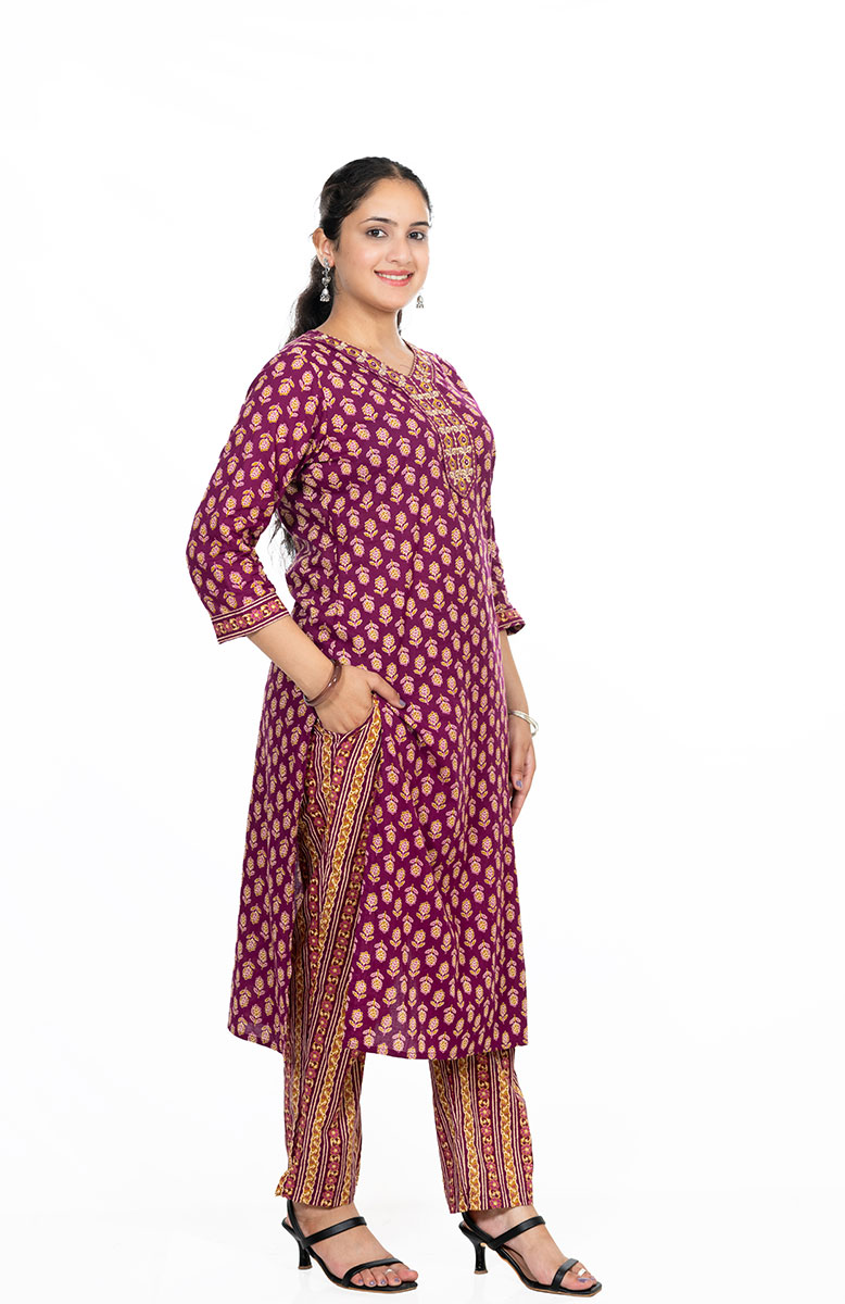 Shusha Kapda Women’s Cotton Printed Kurta Set with Pant and Dupatta - Maroon & Mustard, 3 Piece Ethnic Set