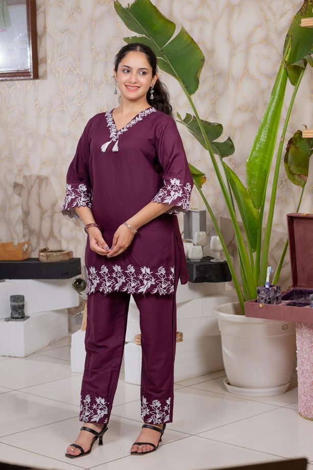 Shusha Kapda Women's Rayon Embroidered Co-Ord Set – Maroon