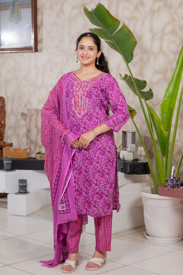 Shusha Kapda Women's Cotton Printed Kurta Set with Pant and Dupatta - Purple & Pink, 3 Piece Set