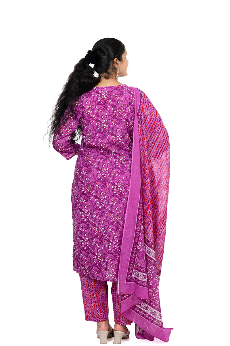 Shusha Kapda Women's Cotton Printed Kurta Set with Pant and Dupatta - Purple & Pink, 3 Piece Set