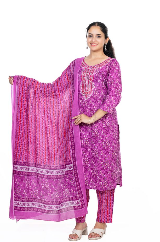 Shusha Kapda Women's Cotton Printed Kurta Set with Pant and Dupatta - Purple & Pink, 3 Piece Set - Image 3