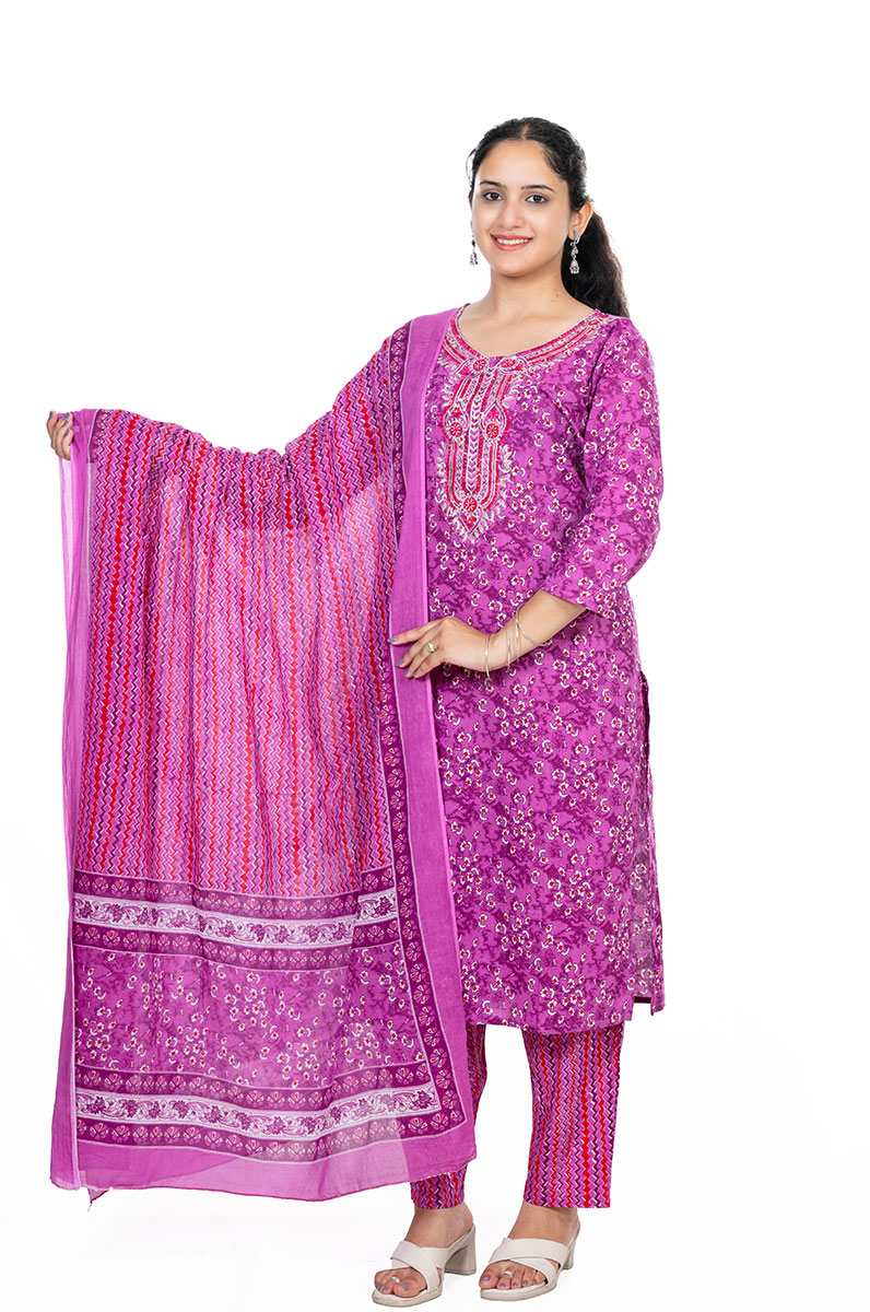 Shusha Kapda Women's Cotton Printed Kurta Set with Pant and Dupatta - Purple & Pink, 3 Piece Set