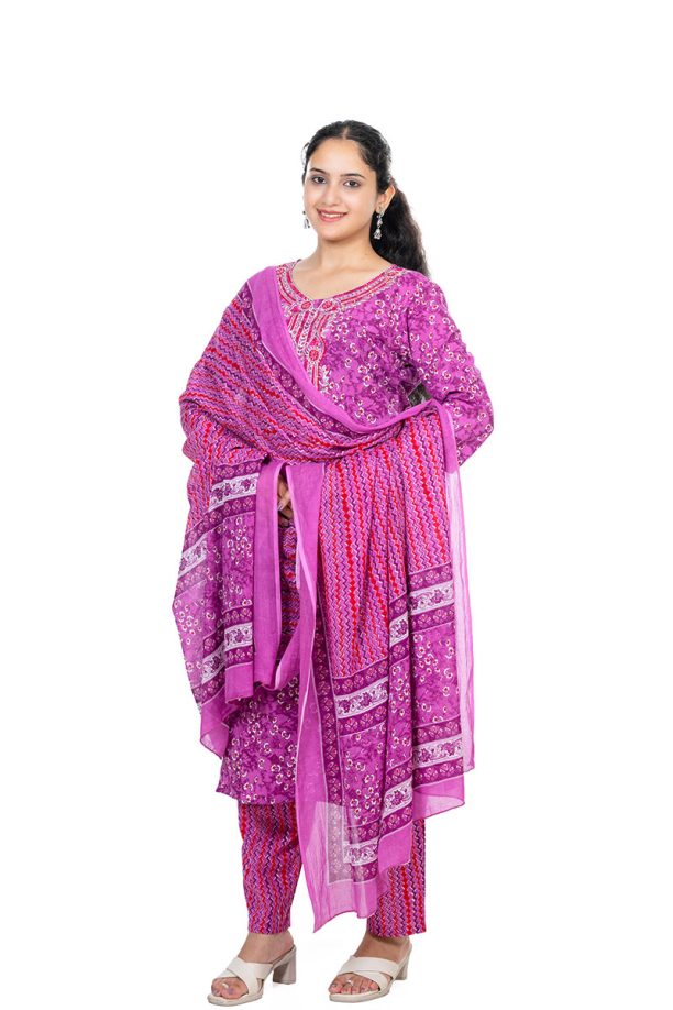 Shusha Kapda Women's Cotton Printed Kurta Set with Pant and Dupatta - Purple & Pink, 3 Piece Set - Image 4