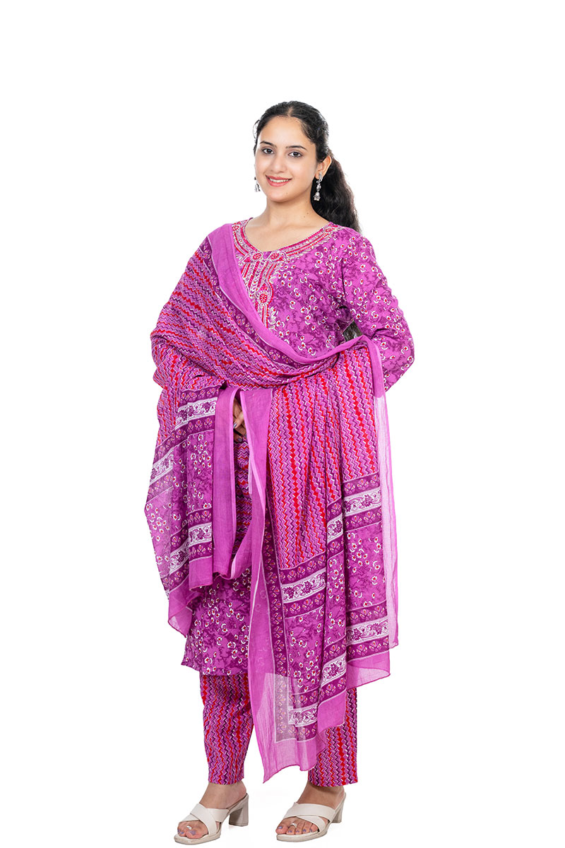 Shusha Kapda Women's Cotton Printed Kurta Set with Pant and Dupatta - Purple & Pink, 3 Piece Set