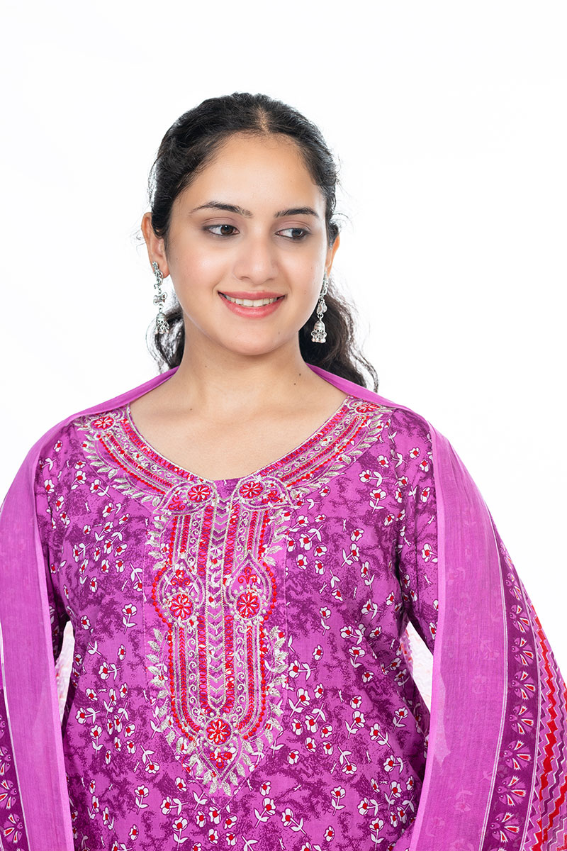 Shusha Kapda Women's Cotton Printed Kurta Set with Pant and Dupatta - Purple & Pink, 3 Piece Set