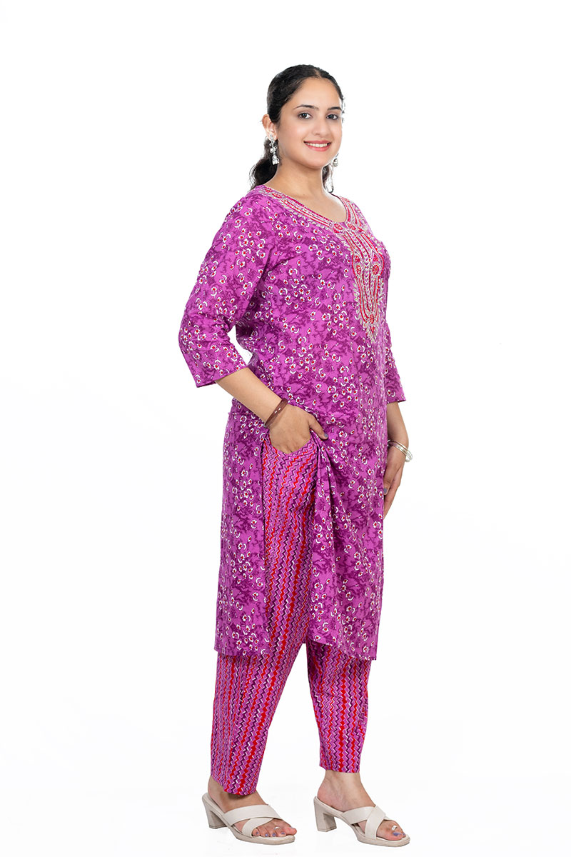 Shusha Kapda Women's Cotton Printed Kurta Set with Pant and Dupatta - Purple & Pink, 3 Piece Set