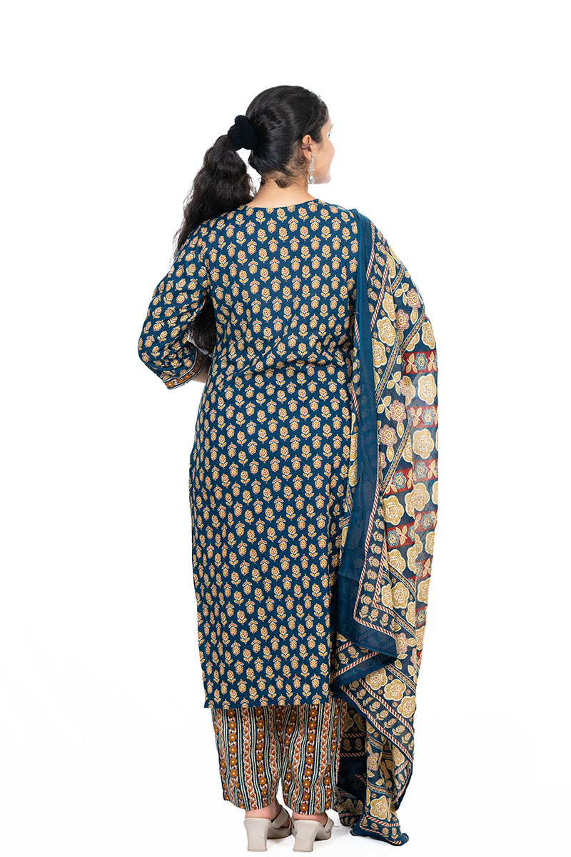 Shusha Kapda Women’s Cotton Printed Kurta Set with Pant and Dupatta - Navy Blue & Mustard, 3 Piece Ethnic Set