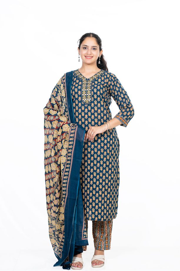Shusha Kapda Women’s Cotton Printed Kurta Set with Pant and Dupatta - Navy Blue & Mustard, 3 Piece Ethnic Set - Image 3