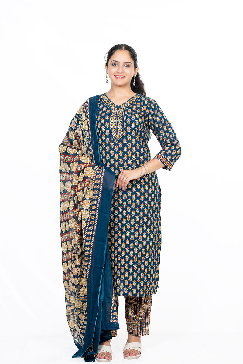 Shusha Kapda Women’s Cotton Printed Kurta Set with Pant and Dupatta - Navy Blue & Mustard, 3 Piece Ethnic Set