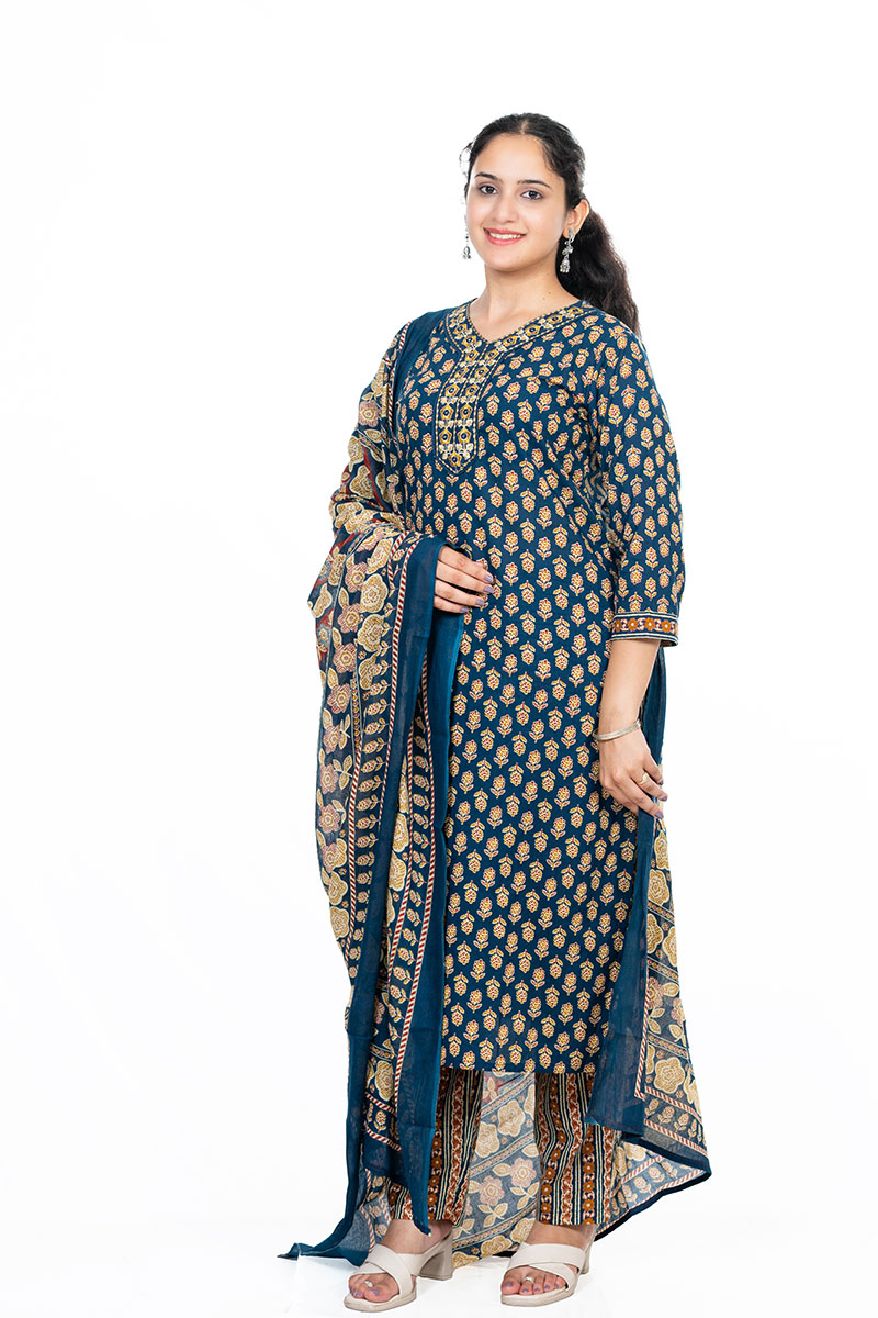 Shusha Kapda Women’s Cotton Printed Kurta Set with Pant and Dupatta - Navy Blue & Mustard, 3 Piece Ethnic Set