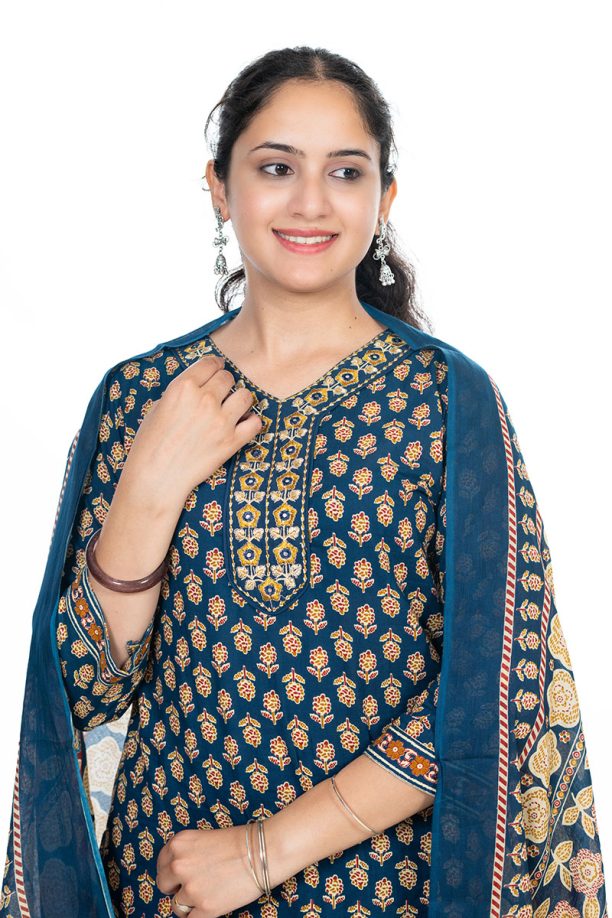 Shusha Kapda Women’s Cotton Printed Kurta Set with Pant and Dupatta - Navy Blue & Mustard, 3 Piece Ethnic Set - Image 5