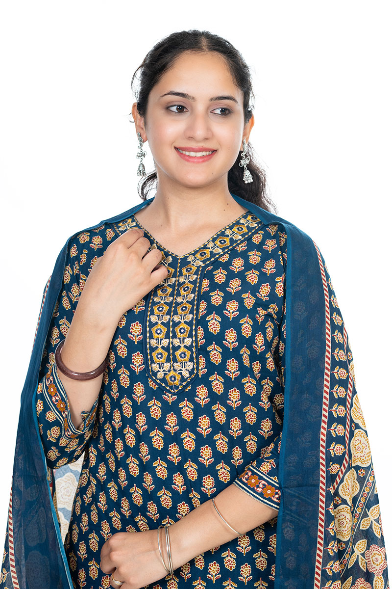Shusha Kapda Women’s Cotton Printed Kurta Set with Pant and Dupatta - Navy Blue & Mustard, 3 Piece Ethnic Set