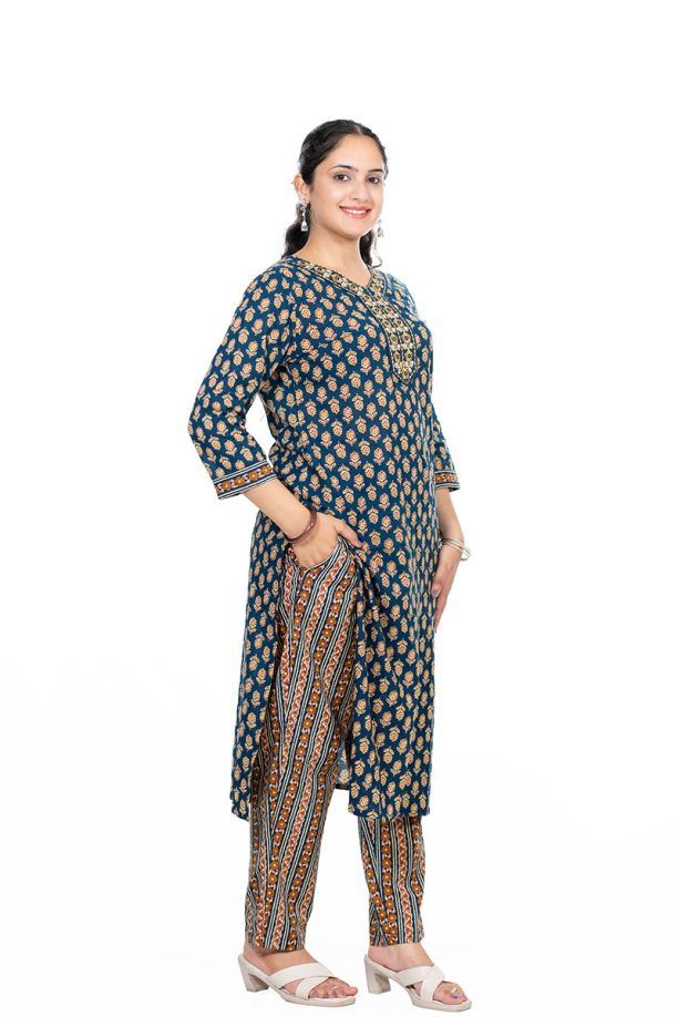Shusha Kapda Women’s Cotton Printed Kurta Set with Pant and Dupatta - Navy Blue & Mustard, 3 Piece Ethnic Set - Image 6