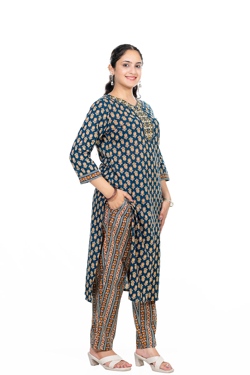 Shusha Kapda Women’s Cotton Printed Kurta Set with Pant and Dupatta - Navy Blue & Mustard, 3 Piece Ethnic Set