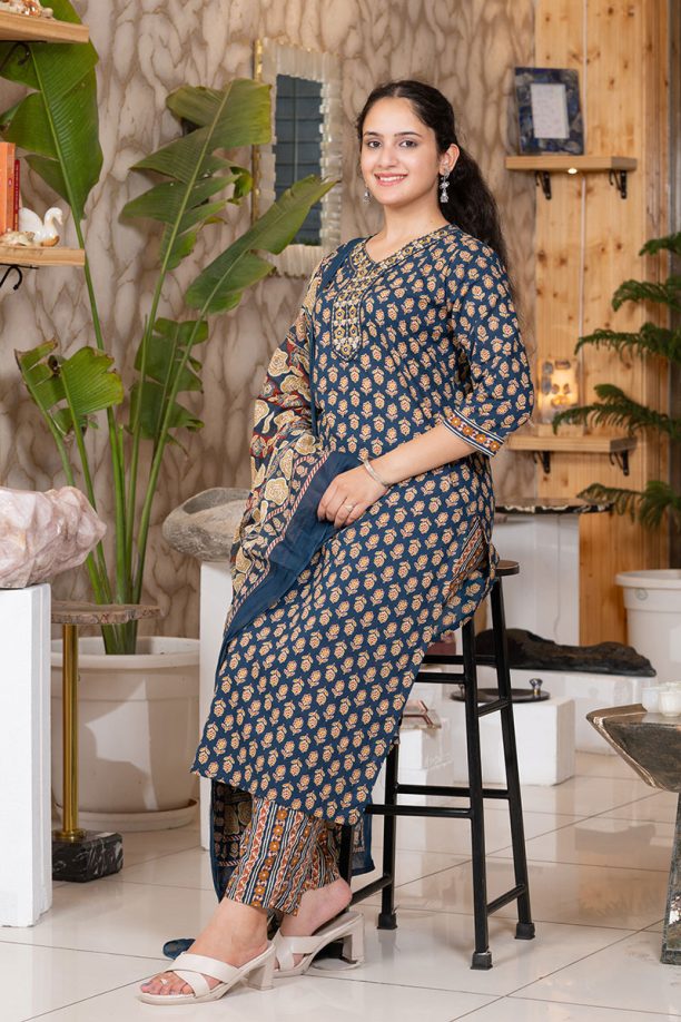 Shusha Kapda Women’s Cotton Printed Kurta Set with Pant and Dupatta - Navy Blue & Mustard, 3 Piece Ethnic Set
