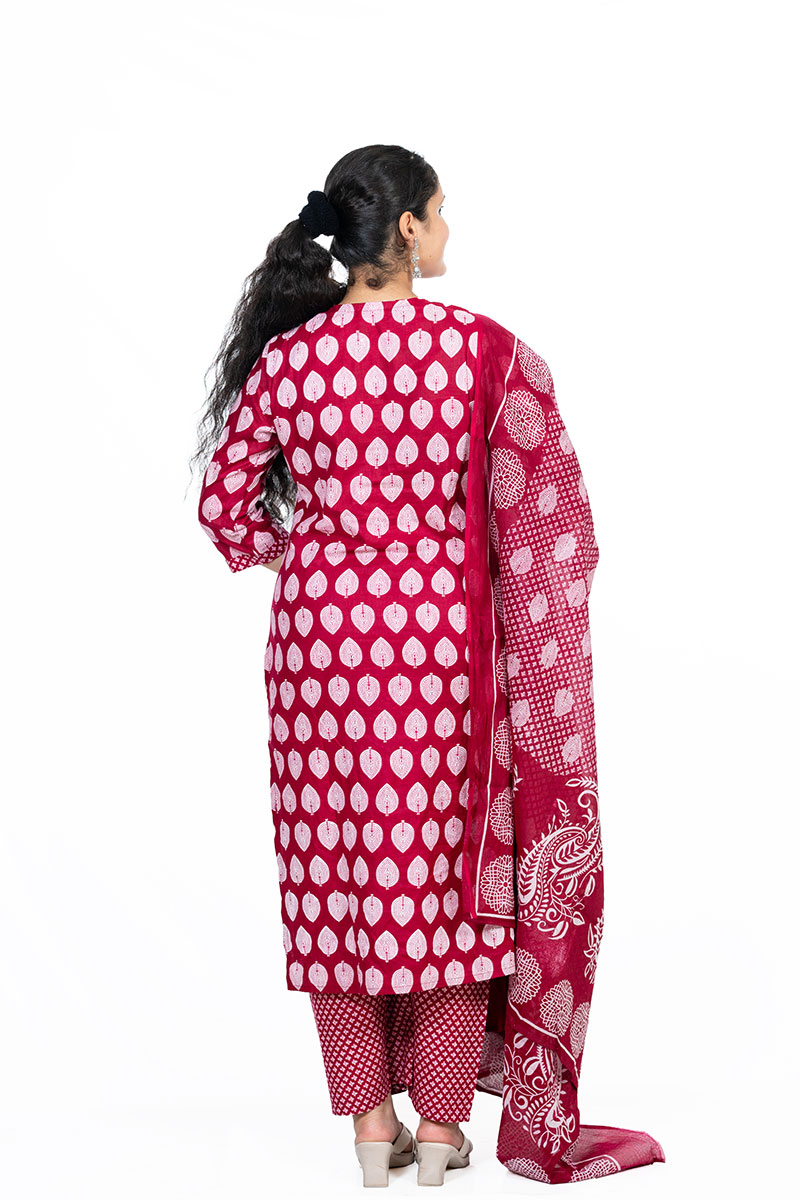 Shusha Kapda Women’s Cotton Printed Kurta Set with Pant and Dupatta - Pink & White, 3 Piece Set