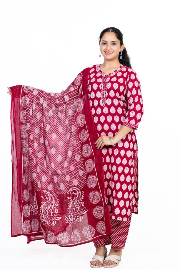 Shusha Kapda Women’s Cotton Printed Kurta Set with Pant and Dupatta - Pink & White, 3 Piece Set - Image 3