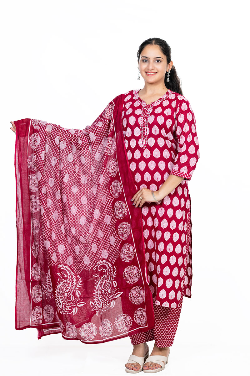 Shusha Kapda Women’s Cotton Printed Kurta Set with Pant and Dupatta - Pink & White, 3 Piece Set