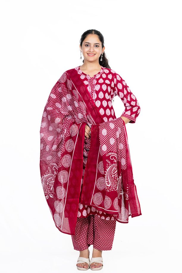 Shusha Kapda Women’s Cotton Printed Kurta Set with Pant and Dupatta - Pink & White, 3 Piece Set - Image 4