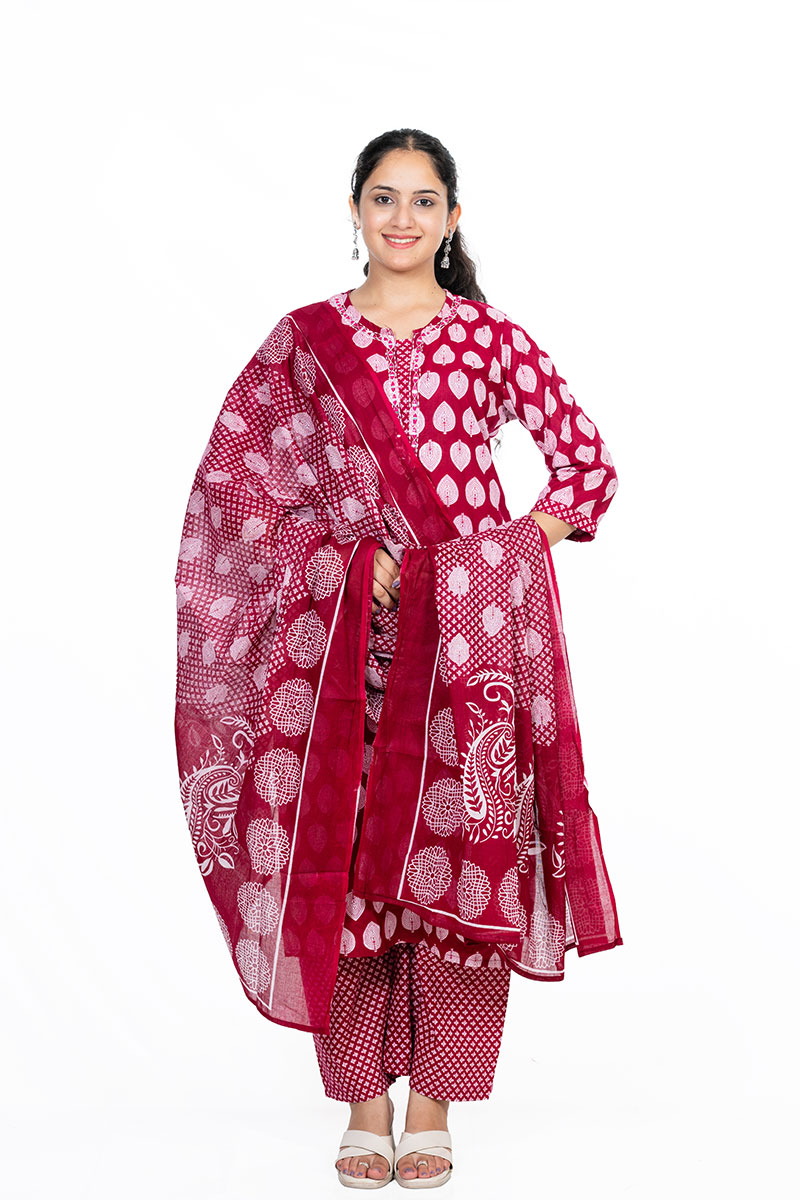 Shusha Kapda Women’s Cotton Printed Kurta Set with Pant and Dupatta - Pink & White, 3 Piece Set