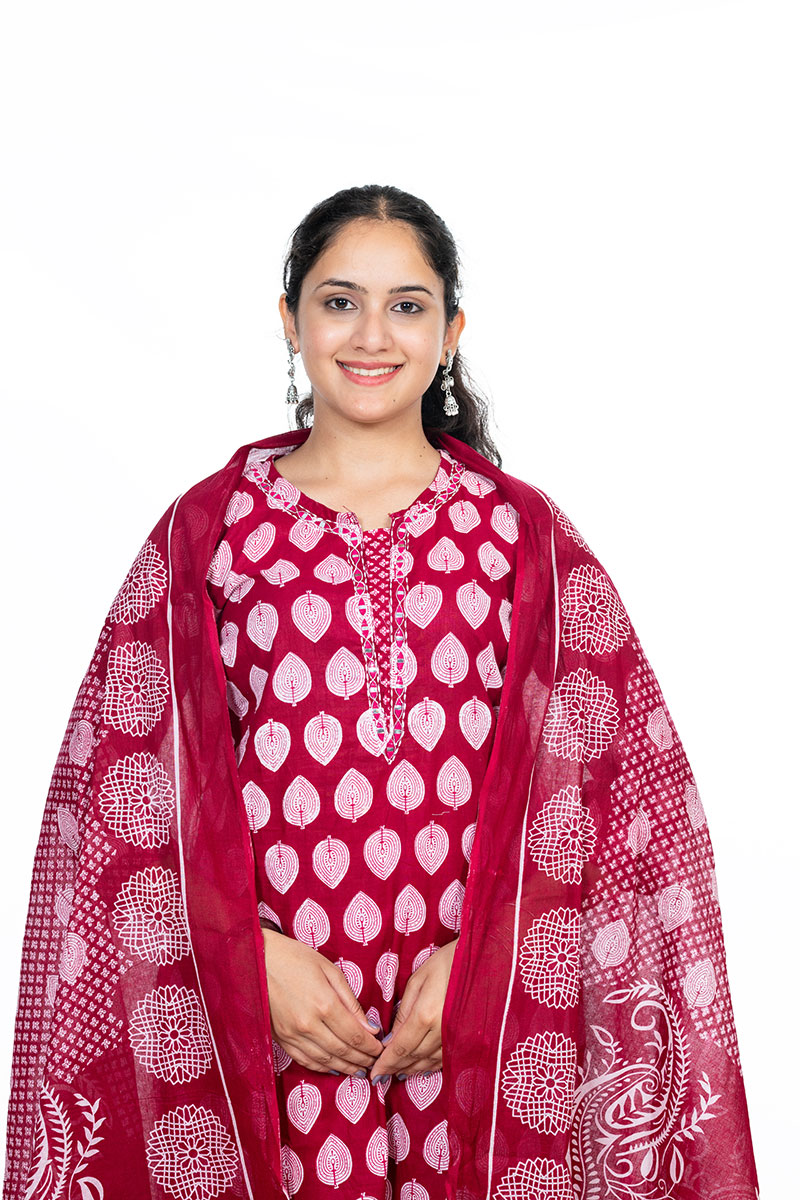 Shusha Kapda Women’s Cotton Printed Kurta Set with Pant and Dupatta - Pink & White, 3 Piece Set