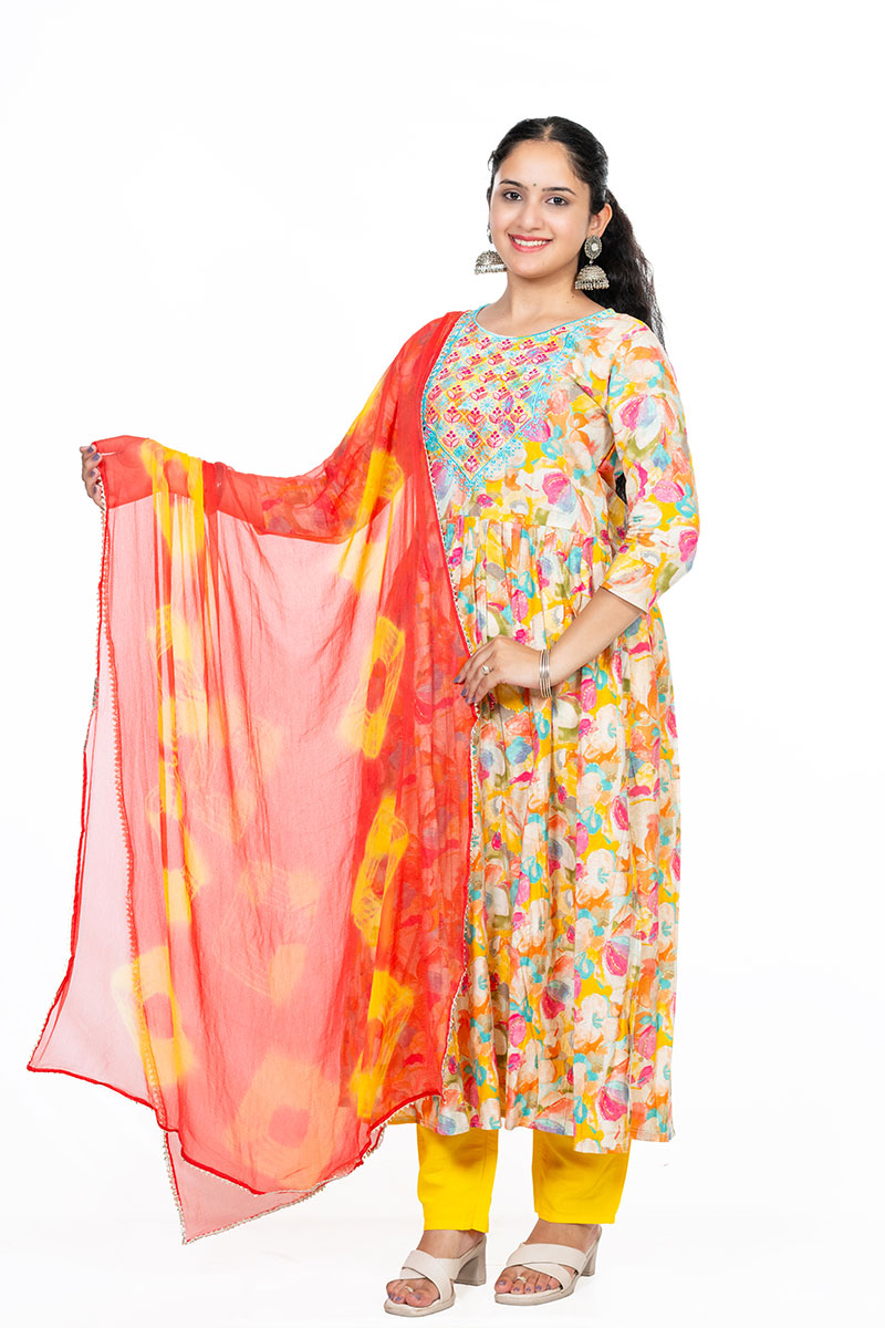 Shusha Kapda Women's Modal Fabric Printed Anarkali Kurti Set with Dupatta and Pant (3-Piece Set)