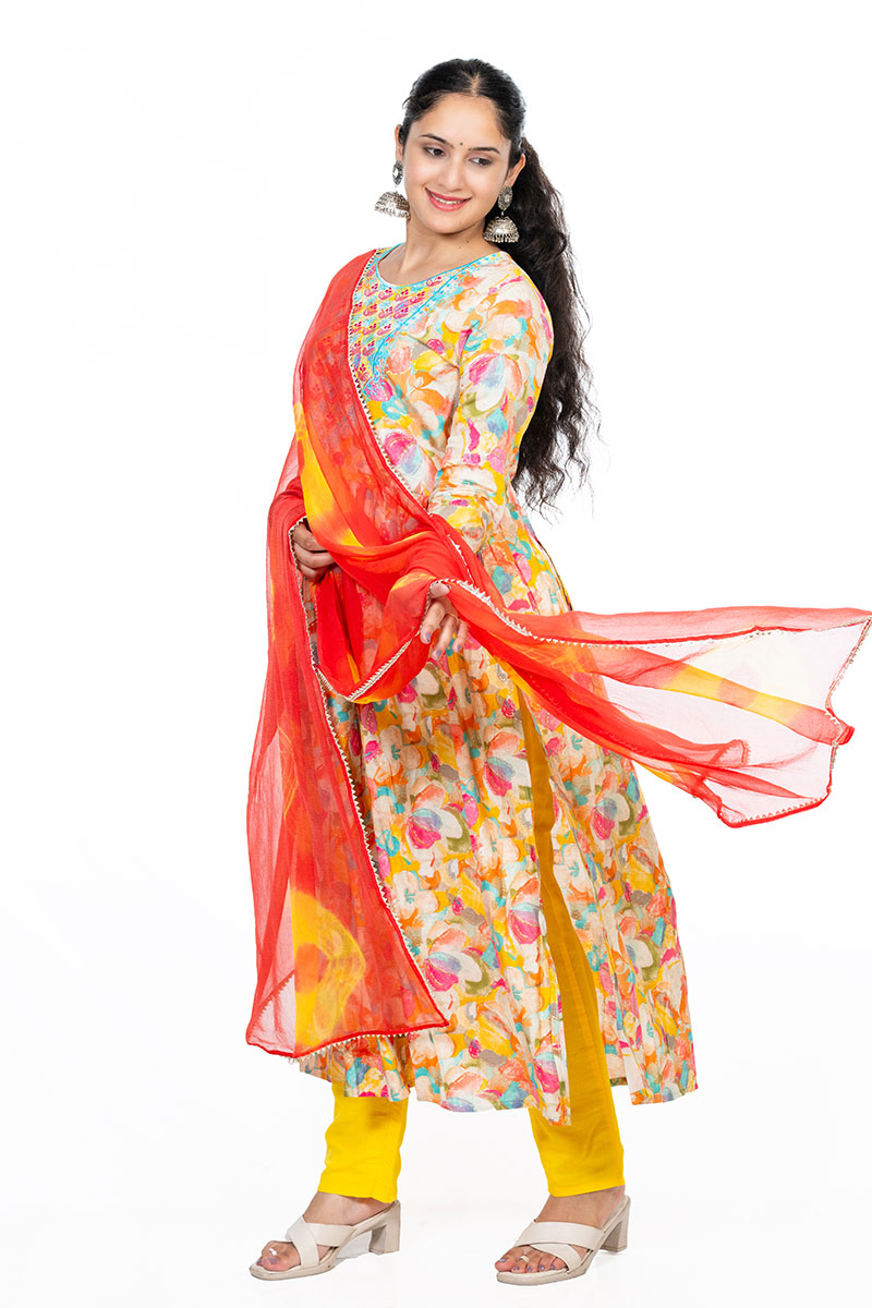 Shusha Kapda Women's Modal Fabric Printed Anarkali Kurti Set with Dupatta and Pant (3-Piece Set)