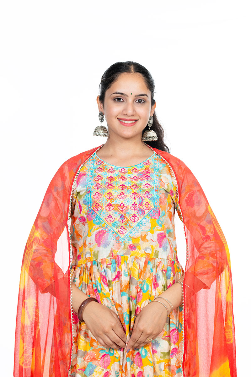 Shusha Kapda Women's Modal Fabric Printed Anarkali Kurti Set with Dupatta and Pant (3-Piece Set)
