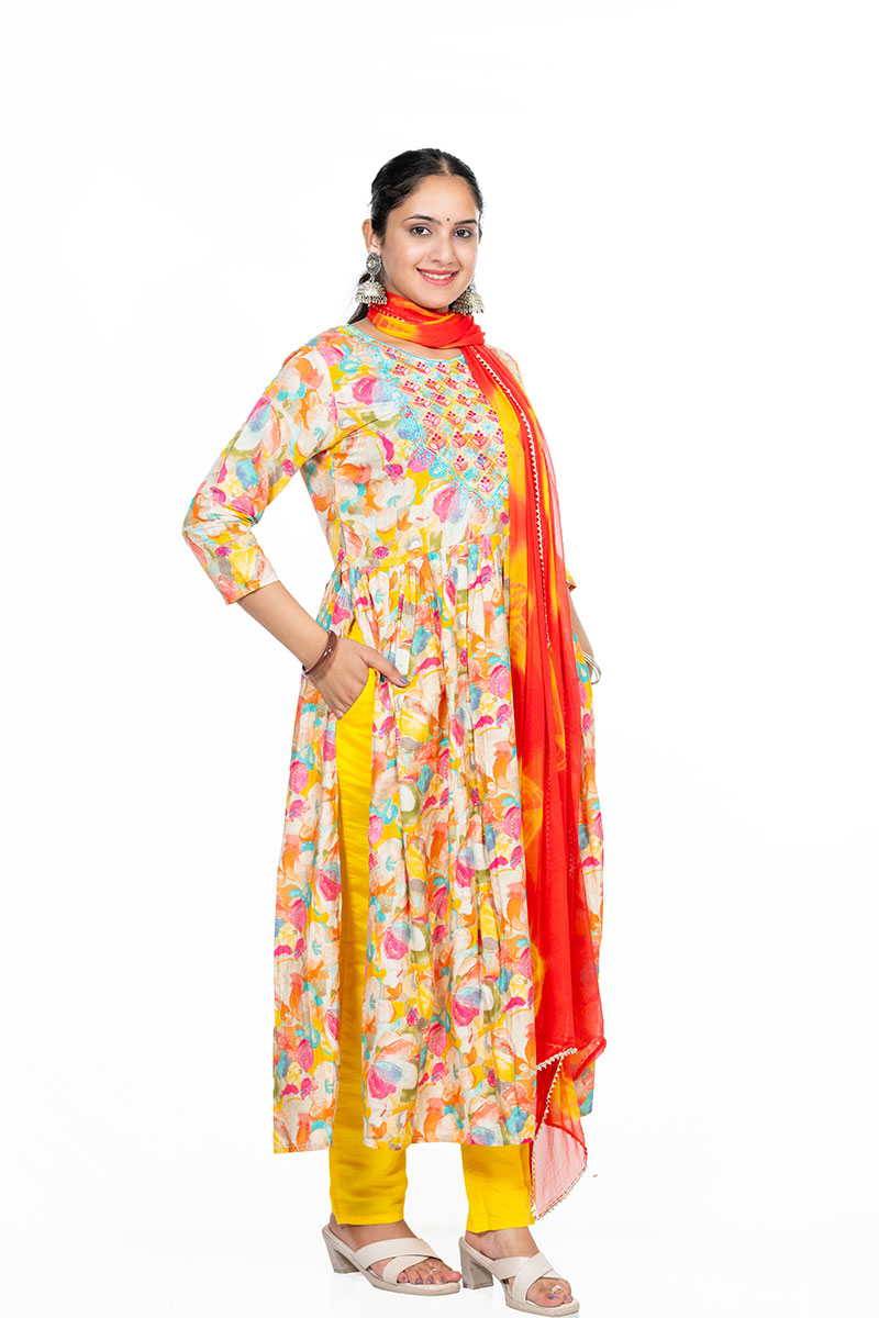 Shusha Kapda Women's Modal Fabric Printed Anarkali Kurti Set with Dupatta and Pant (3-Piece Set)