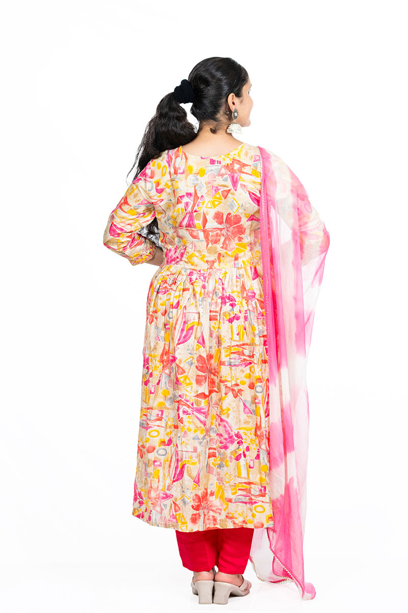 Shusha Kapda Women’s Multicolor Modal Anarkali Kurti Set with Dupatta & Pant | 3-Piece Ethnic Wear Set