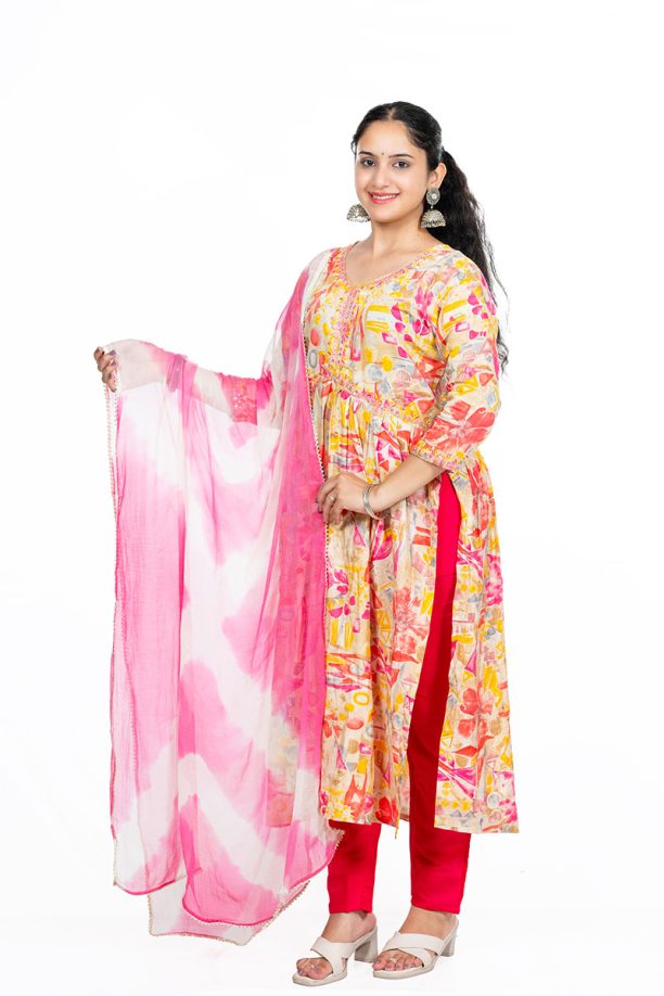Shusha Kapda Women’s Multicolor Modal Anarkali Kurti Set with Dupatta & Pant | 3-Piece Ethnic Wear Set - Image 3