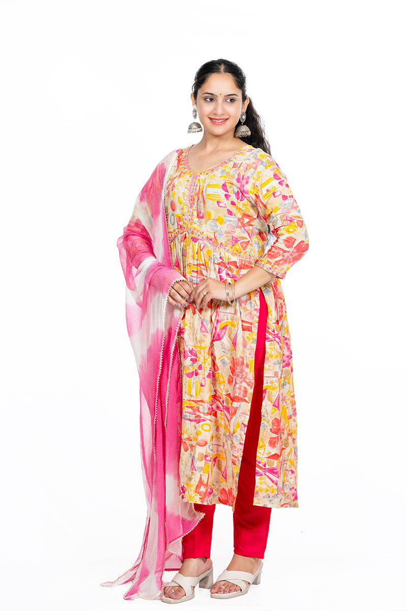 Shusha Kapda Women’s Multicolor Modal Anarkali Kurti Set with Dupatta & Pant | 3-Piece Ethnic Wear Set