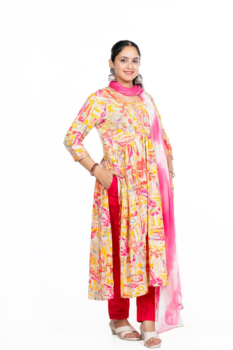 Shusha Kapda Women’s Multicolor Modal Anarkali Kurti Set with Dupatta & Pant | 3-Piece Ethnic Wear Set