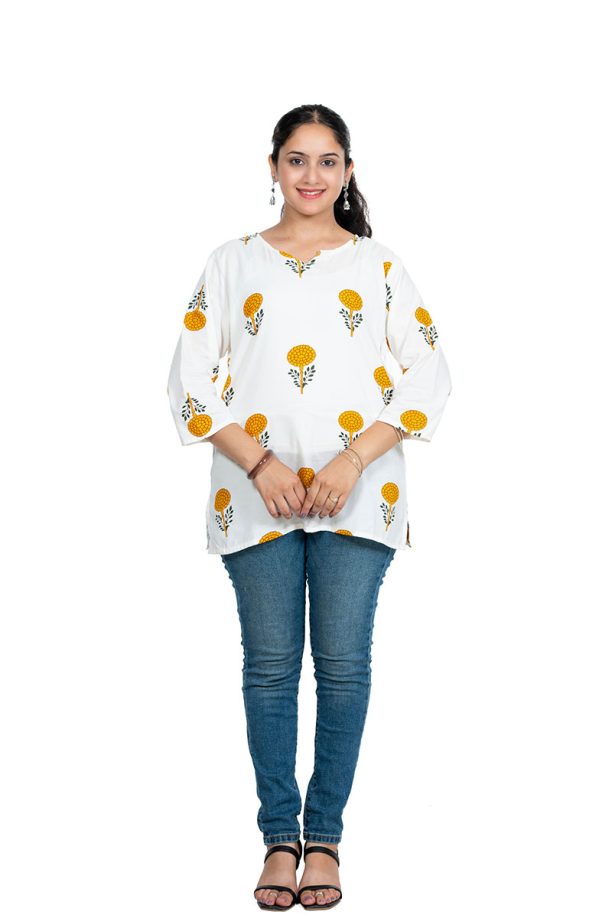 Shusha Kapda Women's White Floral Printed Rayon Top | Casual 3/4 Sleeve Straight Fit Kurti Top - Image 3