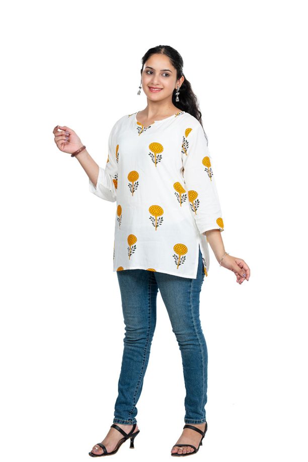Shusha Kapda Women's White Floral Printed Rayon Top | Casual 3/4 Sleeve Straight Fit Kurti Top - Image 4