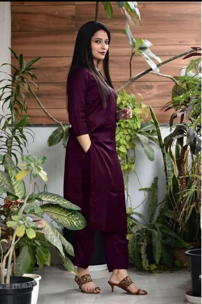 Women's Rayon Kurta Set, Burgundy, V-Neck, 3/4 Sleeve, Traditional Indian Style, 2 Piece - Image 4