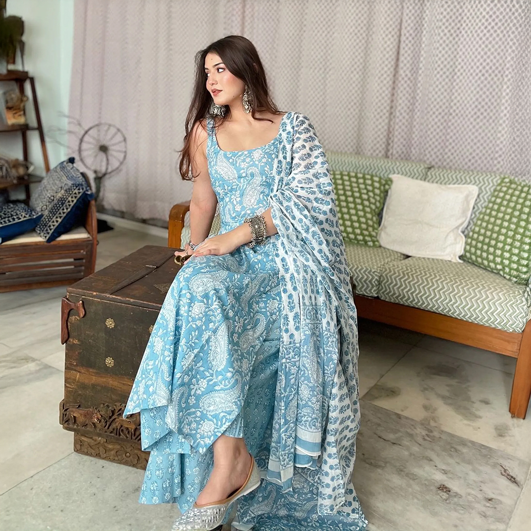 Traditional Rayon Block Print Kurti Set for Women, Sky Blue and White, 3 Piece Ethnic Indian Dress - Image 3