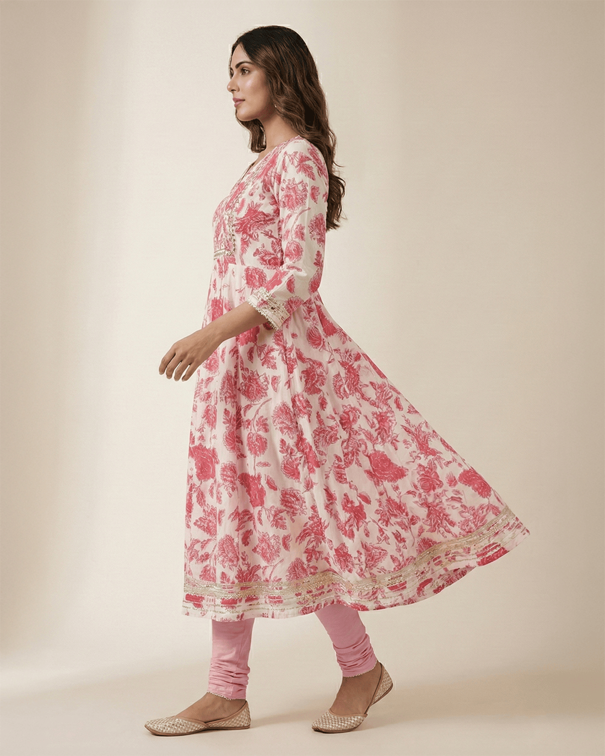 Women's Floral Print Rayon Anarkali Kurti With Pink Pants, 2 Piece Traditional Indian Dress Set, White and Pink - Image 3