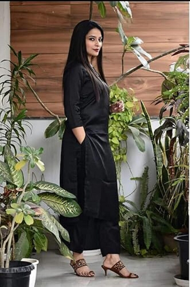 Women's Black Rayon Kurta Set, Traditional 2 Piece Ethnic Wear, V-Neck, Long Sleeves, Straight Cut - Image 3