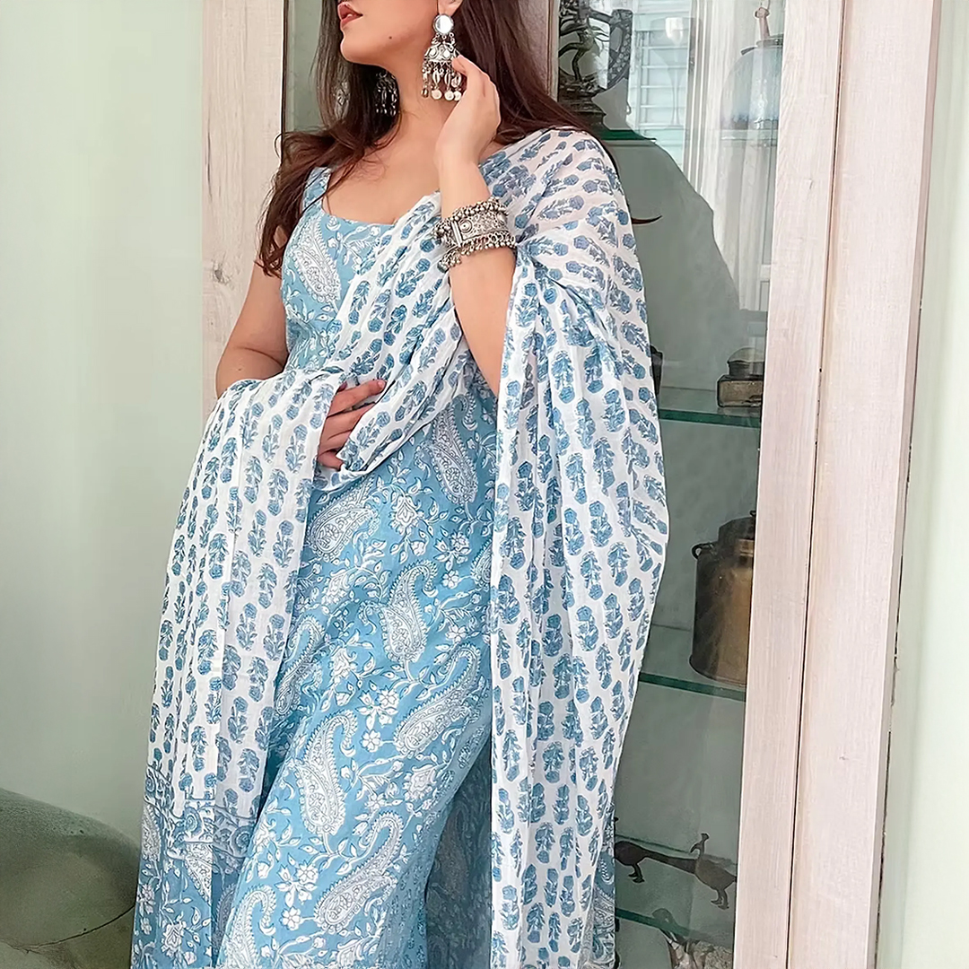 Traditional Rayon Block Print Kurti Set for Women, Sky Blue and White, 3 Piece Ethnic Indian Dress - Image 2