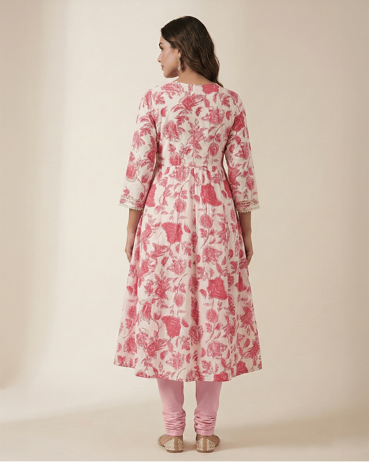 Women's Floral Print Rayon Anarkali Kurti With Pink Pants, 2 Piece Traditional Indian Dress Set, White and Pink - Image 2