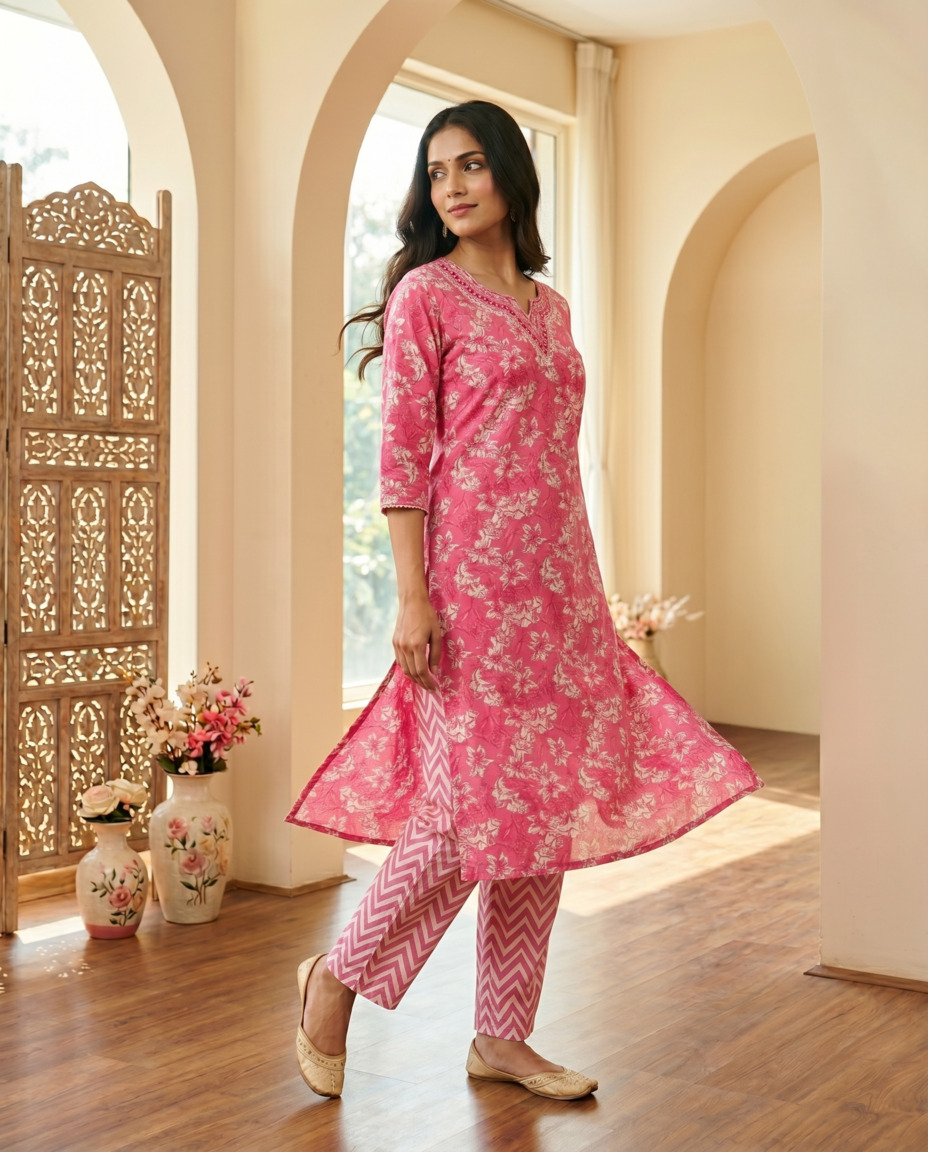 Shusha Kapda Women's Pure Cotton Printed Kurta Pant Set | 2 Piece Ethnic Wear Co-Ord Set | Floral Print Kurti with Pant (Pink) - Image 5
