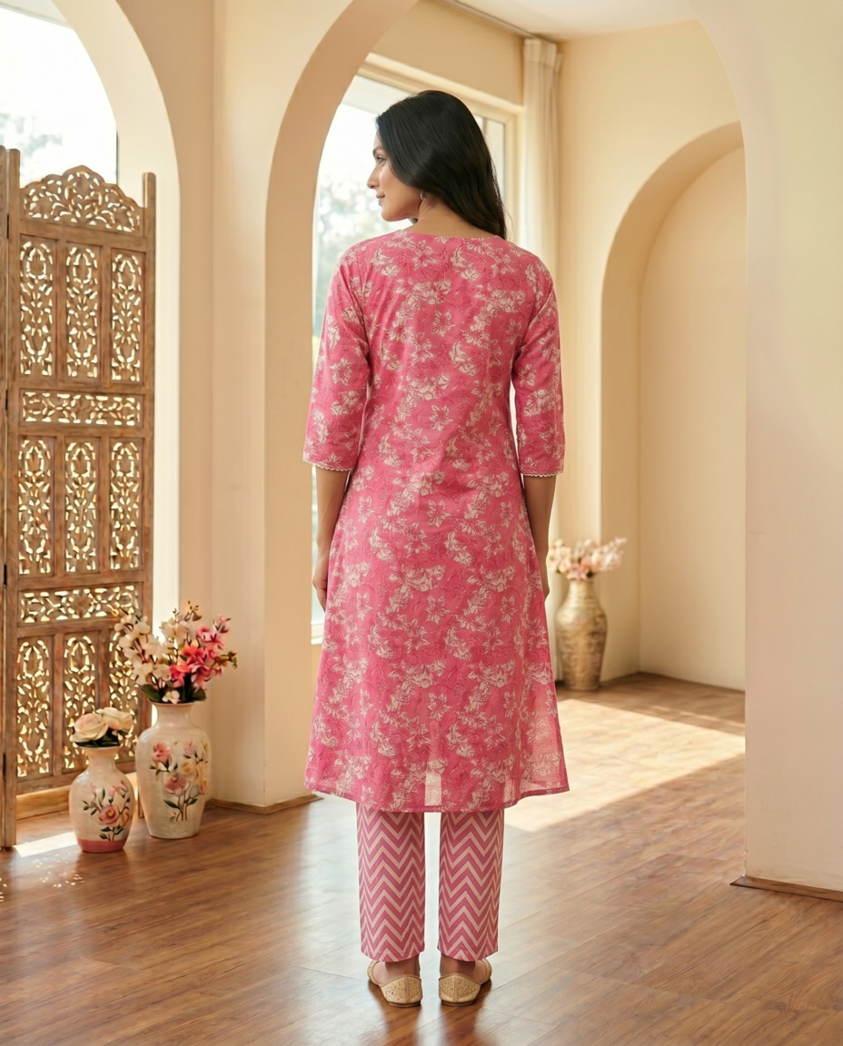 Shusha Kapda Women's Pure Cotton Printed Kurta Pant Set | 2 Piece Ethnic Wear Co-Ord Set | Floral Print Kurti with Pant (Pink) - Image 4