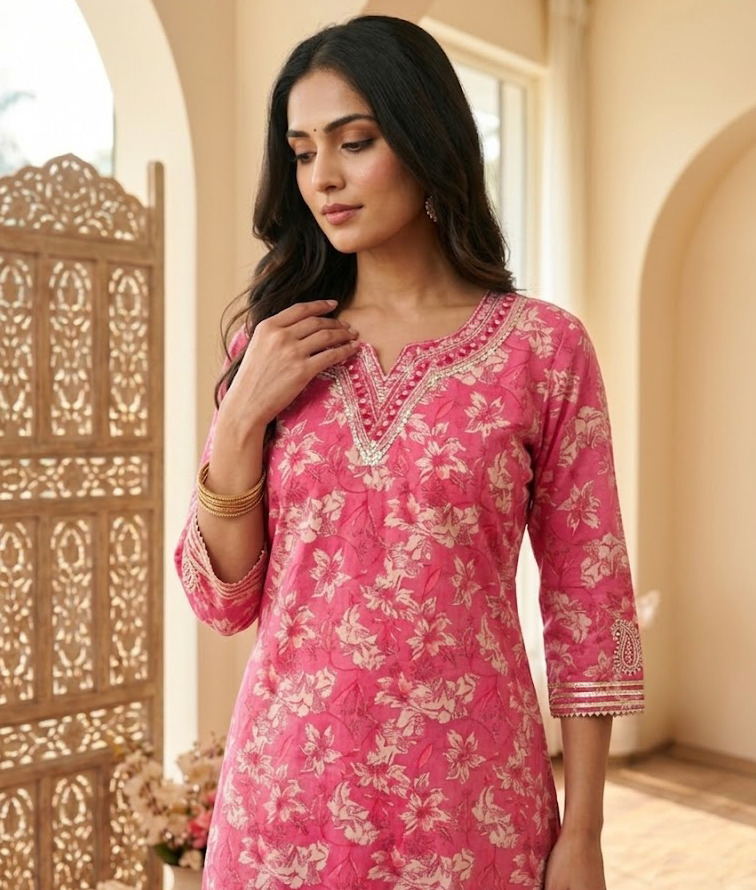Shusha Kapda Women's Pure Cotton Printed Kurta Pant Set | 2 Piece Ethnic Wear Co-Ord Set | Floral Print Kurti with Pant (Pink) - Image 3