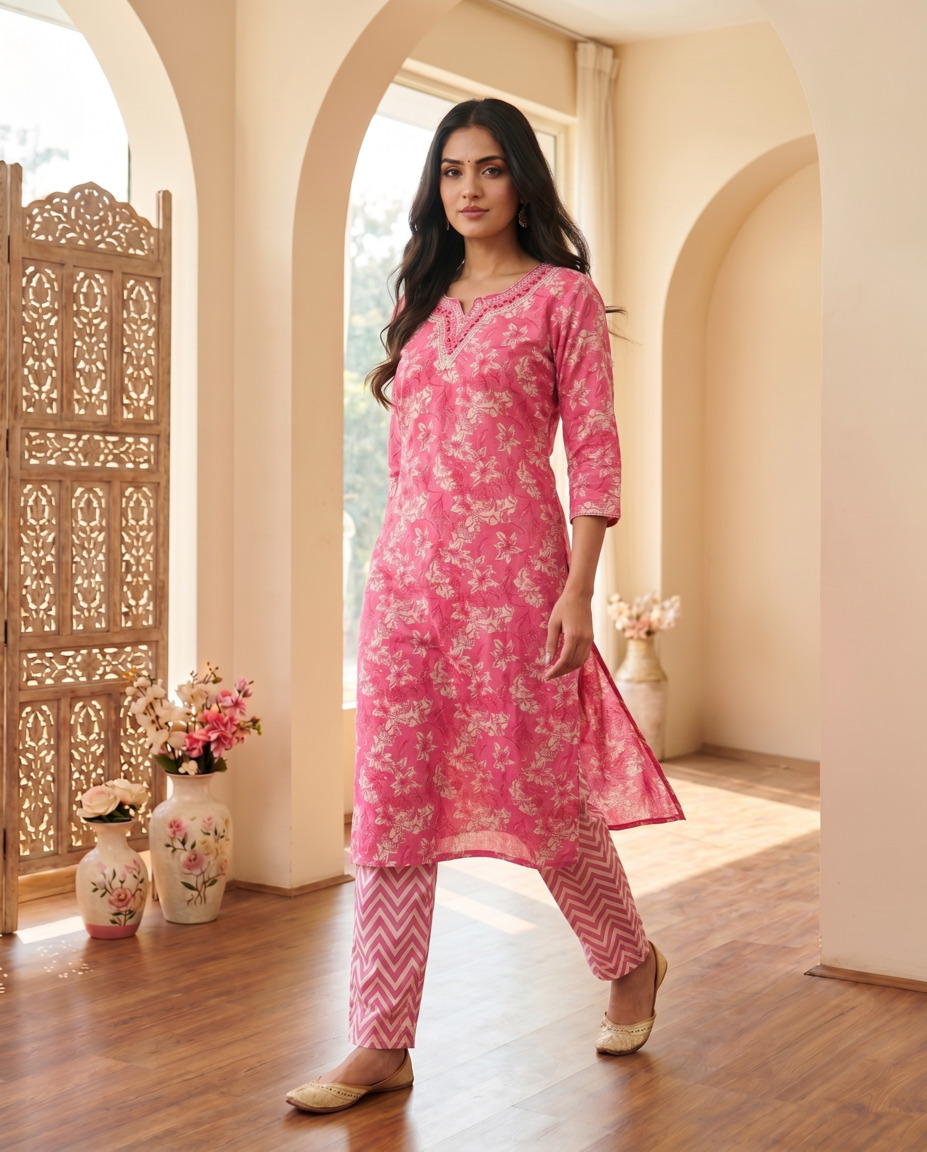 Shusha Kapda Women's Pure Cotton Printed Kurta Pant Set | 2 Piece Ethnic Wear Co-Ord Set | Floral Print Kurti with Pant (Pink) - Image 2