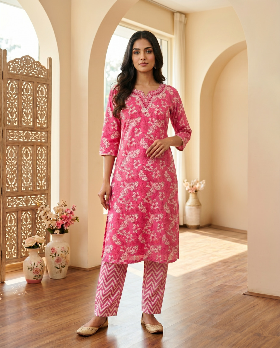 Shusha Kapda Women's Pure Cotton Printed Kurta Pant Set | 2 Piece Ethnic Wear Co-Ord Set | Floral Print Kurti with Pant (Pink)